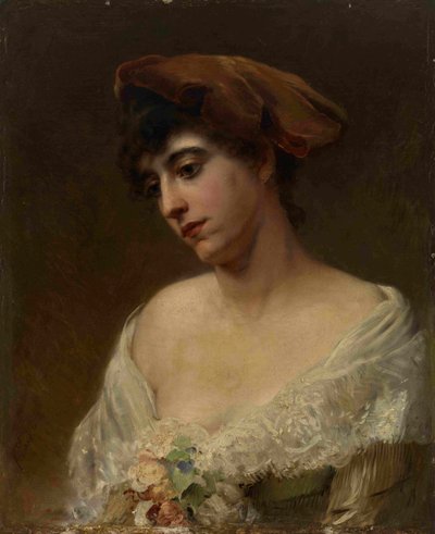 赤いベレー帽の若い女性 作： Konstantin Egorovich Makovsky