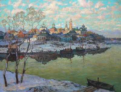 早春、川沿いの都市」、1916 年。 作： Konstantin Ivanovich Gorbatov
