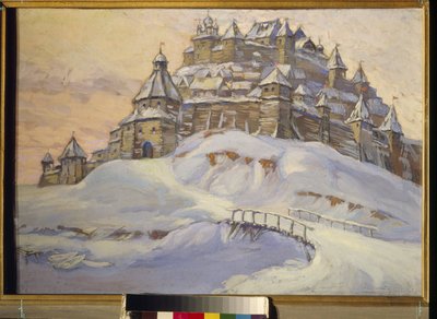 古いロシアの要塞。 (中世のウクライナの雪の下にある木造の要塞都市)。 コンスタンチン (コンスタンチン) イワノビッチ ゴルバトフ (1876-1945) の作品、木にテンペラ、20 世紀初頭。 プライベート コレクション。 作： Konstantin Ivanovich Gorbatov