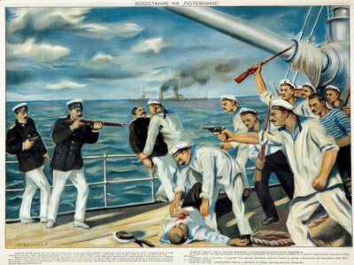 La mutinerie du cuirasse Potemkine - The mutiny on battleship Potemkin in the 1905 par Maximov, Konstantin Ivanovich (1893- after 1938), - Chromolithography, 42x56,5 - Russian State Library, Moscow. 作： Konstantin Ivanovich Maximov