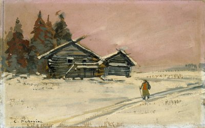 2 つの木造の小屋がある冬の風景、20 世紀初頭 作： Konstantin Korovin