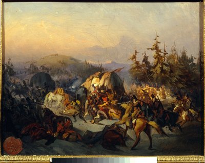 ロシアのコサックは輸送中のフランス軍を攻撃し、1812年のモスクワ（ボロジノ）の戦いのエピソード - コンスタンティン・ニコラエヴィッチ・フィリッポフ（1830-1878）による絵画、キャンバスに油彩、30x38 cm - ロシアのコサックは輸送中のフランス軍を攻撃する 作： Konstantin Nikolaevich Filippov