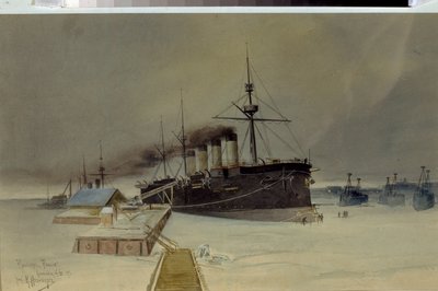 装甲巡洋艦ロシア - コンスタンティン・ヴァシリエヴィチ・イゼンベルク (1859-1911) 作、厚紙に水彩 作： Konstantin Vasilyevich Isenberg