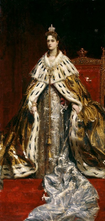 ロシア皇帝アレクサンドラ・フョードロヴナの肖像 (1872 年から 1918 年)、1890 年代の皇帝ニコライ 2 世の妻。 作： Konstantin Yegorovich Makovsky