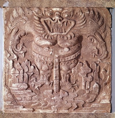 アートコリアン：モンスターを描いたグレーのテラコッタ・ブリック。朝鮮半島の百済王国。7世紀韓国の国立博物館 作： Korean School