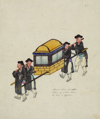 「ガマ」または輿で役人を運ぶ4人のポーター、1890年頃 作： Korean School