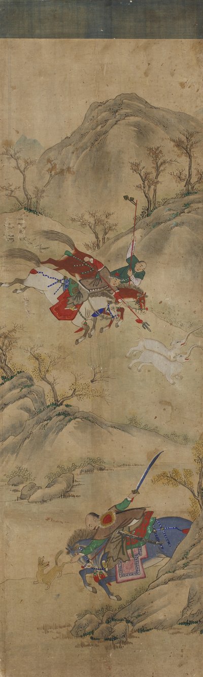 狩猟シーン（ウサギと神話上の動物を乗せた3人のライダー）（紙にトイレ） 作： Korean School
