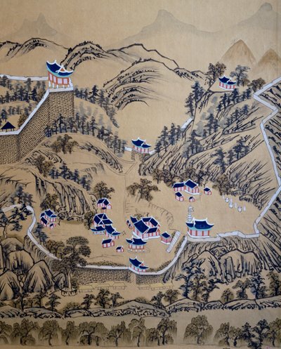 城郭都市、平壌（現在の北朝鮮の首都）の知事の訪問を描いた八曲一双の屏風の一部、朝鮮文明、朝鮮時代 作： Korean School