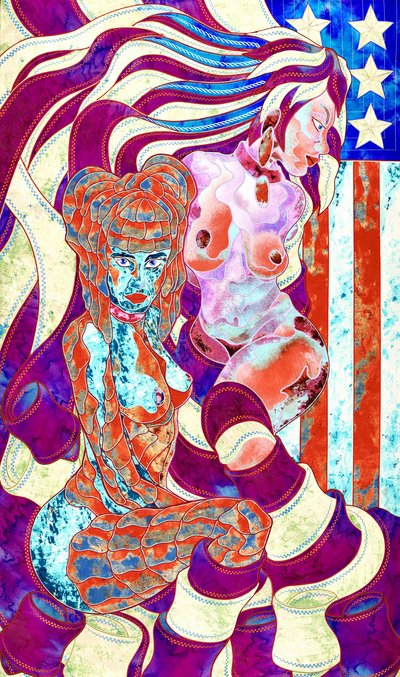鮮やかな旗を掲げる女性たち 作： Kostyantin Malginov