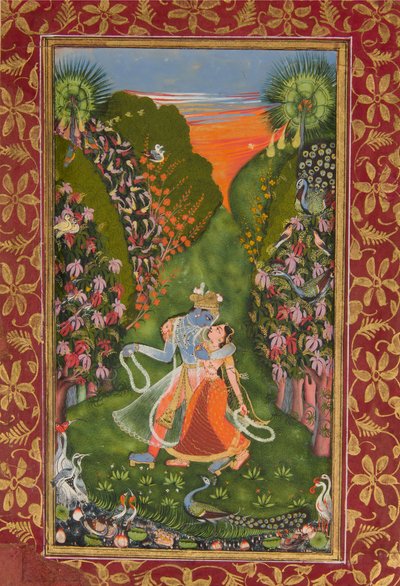 ラダとクリシュナが花の木立の中を歩く」 recto, クリシュナがフルートを吹く verso, c1720 r, c1750-75 v 作： Kota Master