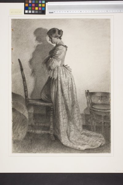 Ulrik Frederik Gyldenløve との離婚直後の Marie Grubbe。 左の横顔で立っている全身像 作： Kristian Zahrtmann