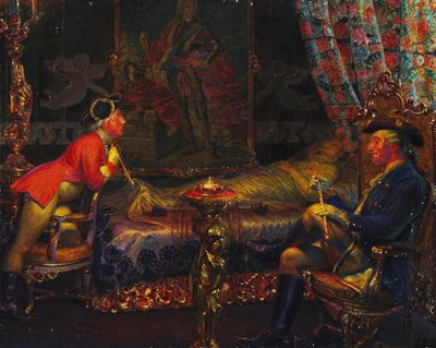 1910年、ソフィー・マグダレン女王の死体に向かうストルーエンゼーとキャロライン・マチルド。 作： Kristian Zahrtmann