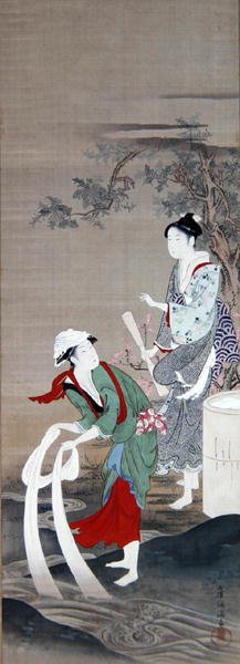 三島の水晶の川の二人の美女 (絹にインク、胡粉、彩色) 作： Kubo Shumman
