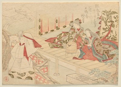 散歩中の宮廷人が、ベランダで若い従者と一緒に座っている侍女に手を振っている 作： Kubo Shunman