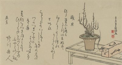 ベンチと箱に乗った盆栽の梅の木、1796年 作： Kubo Shunman