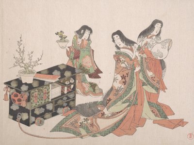 宮廷の女性がキャビネットを床に引きずっている様子 19世紀 作： Kubo Shunman