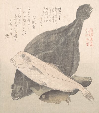 ヒラメとその他の魚、19 世紀。 作： Kubo Shunman