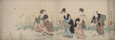 野の花と蝶を楽しむ 4 人の少女と使用人 作： Kubo Shunman