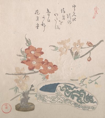 桃の花と印章と印鑑箱 19世紀 作： Kubo Shunman