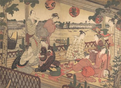 隅田川のほとりの茶店で食事をする2人の若者と数人の女性（1788年頃）。 作： Kubo Shunman