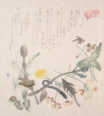スミレやサクラソウなどの春の花を描いた19世紀の作品。 作： Kubo Shunman