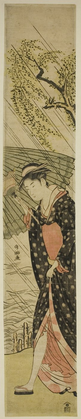 雨の中、川岸を歩く若い女性 作： Kubo Shunman