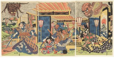 源頼光と土蜘蛛退治の家来たち》1804-1818年頃 木版画（錦絵）／紙本墨彩色 作： 歌川国長