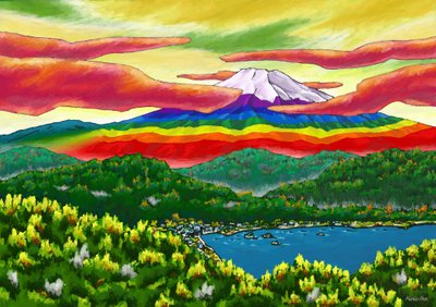 街の向こうに虹色の富士山、2023年（デジタルペインティング） 作： Kunio Ota