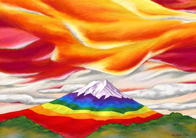 赤とオレンジに囲まれた虹色の富士山、2023年（デジタルペイント） 作： Kunio Ota
