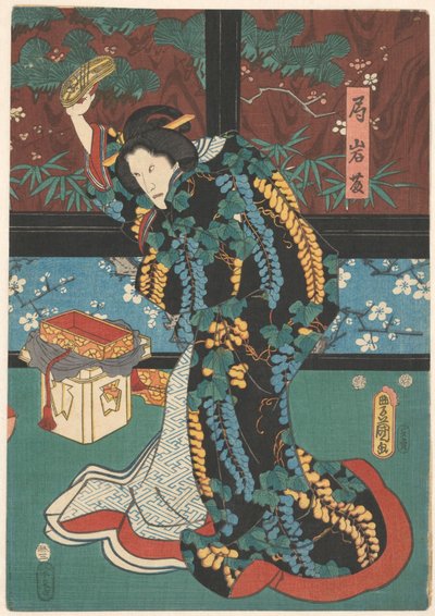 劇「鏡の山」の一場面 サンダルを手にした宮廷女官・岩藤さん 作： Kunisada (I) , Utagawa