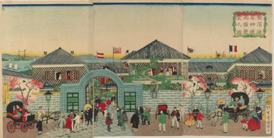 1870年、明治時代の横浜、中道売沿いの商店街の繁栄の写真（カラーの木版画） 作： Kuniteru II Utagawa