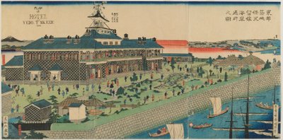 明治東部東都築地ホテルの海辺の庭園、1868年（色木版画） 作： Kuniteru II Utagawa