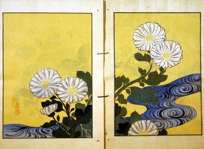1901年に小林文司から出版された輝緑の作品集に掲載されている「川辺の花」（カラーリトグラフ） 作： Kurokawa Yasusada Kigyoku