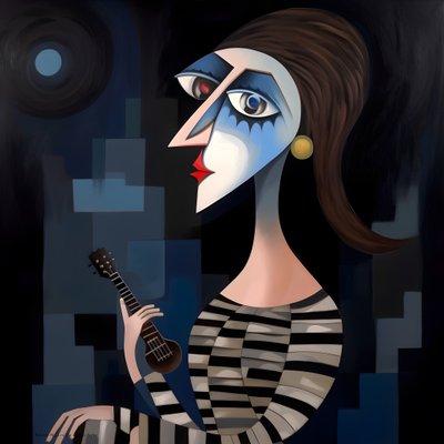 夜の月の光の中でギターを持つ3D女性トルバドゥール1 作： Kurt Heppke
