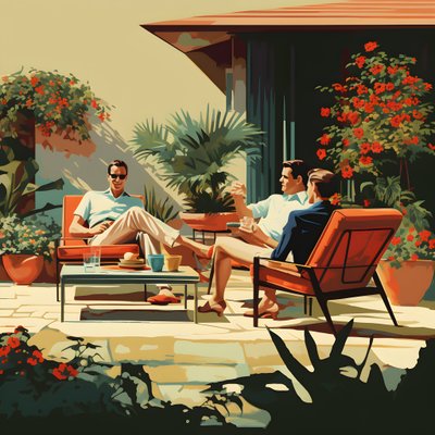 庭でくつろぐ3人の友人たち。 作： Kurt Heppke