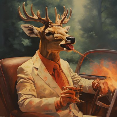 オープンカーを運転する葉巻をくわえた鹿 2 作： Kurt Heppke