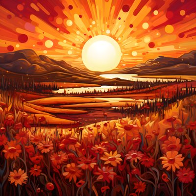 野の花畑と大胆な赤い太陽が描かれた抽象的な風景画。2 作： Kurt Heppke