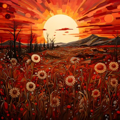 野の花畑と大胆な赤い太陽が描かれた抽象的な風景画。3 作： Kurt Heppke