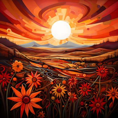 野の花畑と大胆な赤い太陽が描かれた抽象的な風景画。4 作： Kurt Heppke