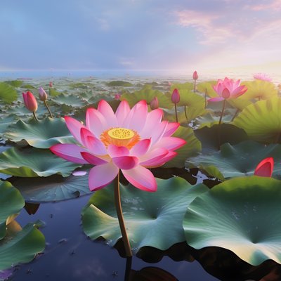 澄み切った水面に咲く大輪の美しい蓮の花、蓮の葉の緑、蓮の花の露。夕日が水面を照らす。 作： Kurt Heppke