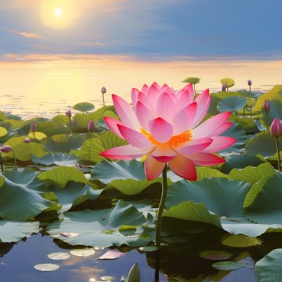 澄み切った水面に咲く大輪の美しい蓮の花、蓮の葉の緑、蓮の花の露。夕日が水面を照らす。 作： Kurt Heppke