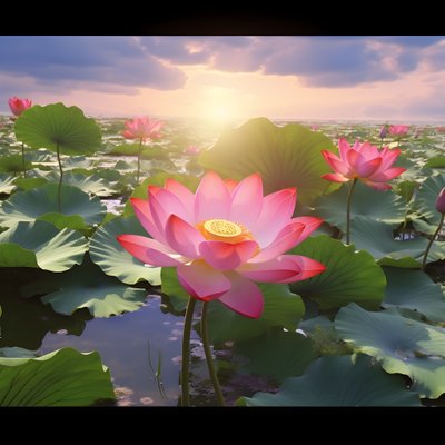 澄み切った水面に咲く大輪の美しい蓮の花、蓮の葉の緑、蓮の花の露。夕日が水面を照らす。 作： Kurt Heppke