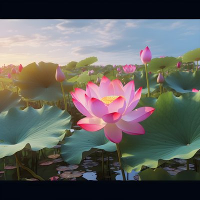 澄み切った水面に咲く大輪の美しい蓮の花、蓮の葉の緑、蓮の花の露。夕日が水面を照らす。 作： Kurt Heppke