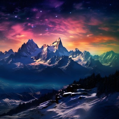 雪に覆われたアルプスの峰々は、夜になると虹のように輝く 1 作： Kurt Heppke