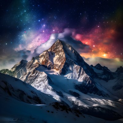 雪に覆われたアルプスの峰々は、夜になると虹のように輝く。 作： Kurt Heppke