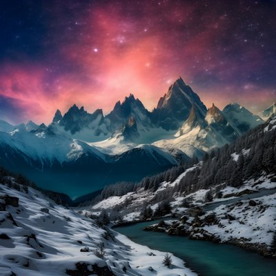 雪に覆われたアルプスの峰々は、夜になると虹のように輝く。 作： Kurt Heppke