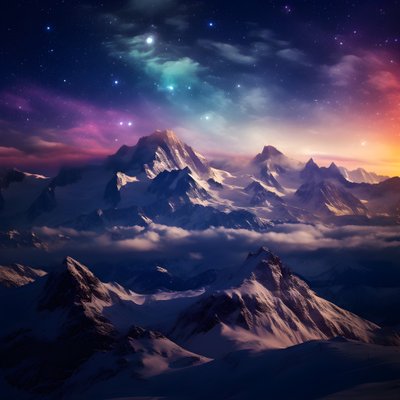 雪に覆われたアルプスの峰々は、夜になると虹のように輝く。 作： Kurt Heppke