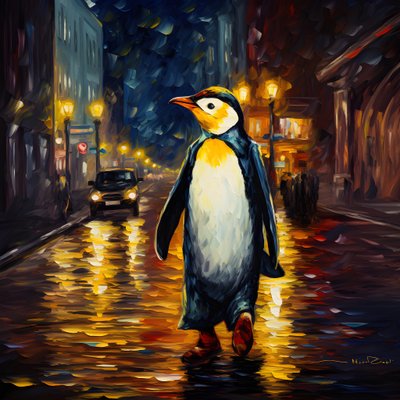 スーツを着たペンギンが通りを歩く 1 作： Kurt Heppke