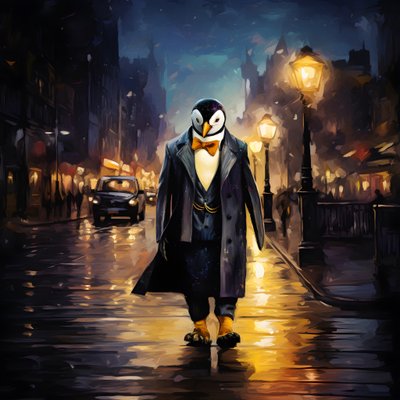スーツを着たペンギンが通りを歩く 3 作： Kurt Heppke