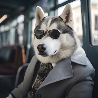 バスターミナルでスーツにサングラス姿のシベリアンハスキー犬が紳士的 1 作： Kurt Heppke